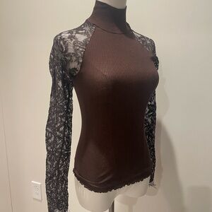 Elegant Brown Lace Sleeve Women's Top
